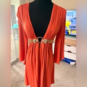 Sky Brand Rhinestone Vibrant Orange Mini Dress with Gold Detail Sz S